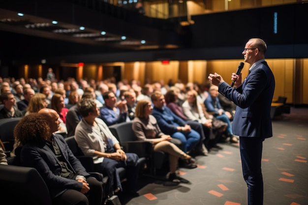 A man stands confidently in front of a crowd of people addressing them with a powerful speech or presentation Speaker giving a talk in conference hall at business event AI Generated