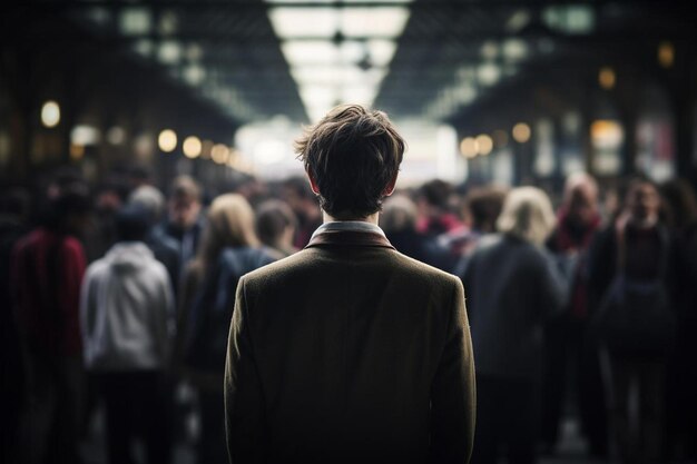 a man stands in a crowd of people in a subway station.