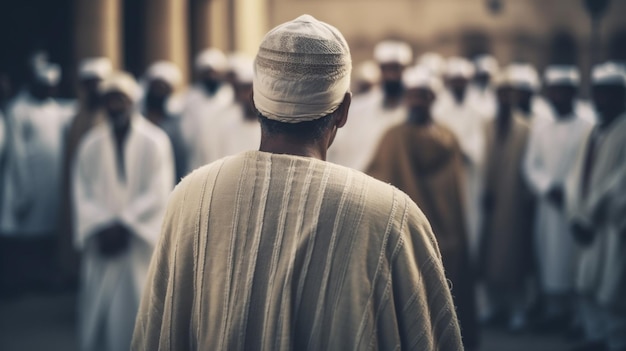 A man stands in a crowd with other people in white robes.