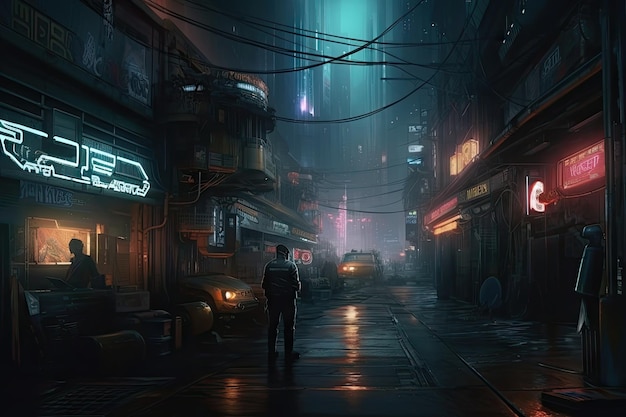 Мужчина стоит в темном переулке с неоновой вывеской «Охотники за привидениями».