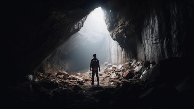 A man stands in a dark cave with the light shining through the tunnel.