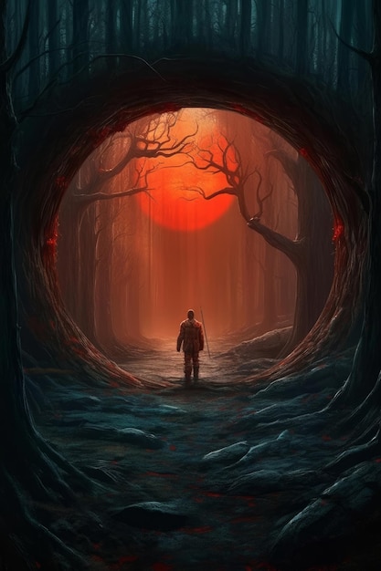 A man stands in a dark cave with a red moon behind him.