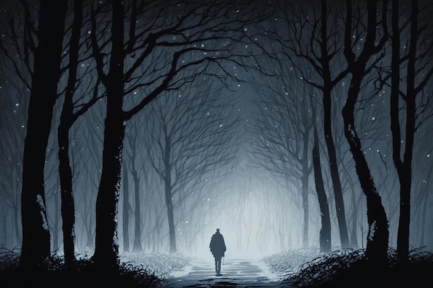 한 남자가 땅에 빛을 비추고 어두운 숲 속에 서 있습니다.