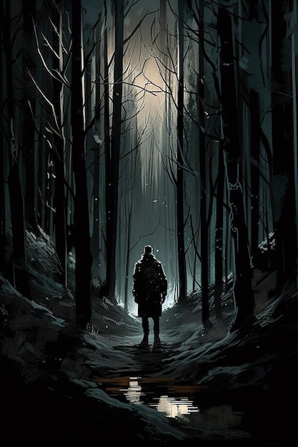 한 남자가 꼭대기에 빛이 있는 어두운 숲에 서 있다