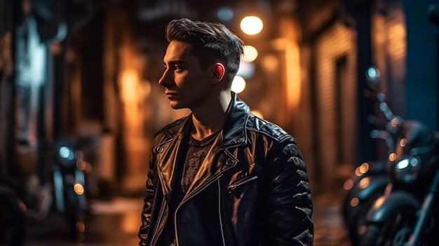 A man stands in the dark in front of a building with a street light behind him.