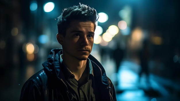 A man stands in the dark in front of a street light.