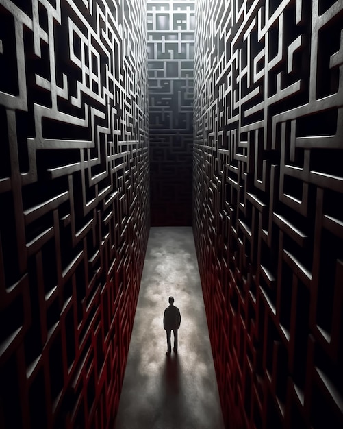 Photo a man stands in a dark hallway with many rows of mazes