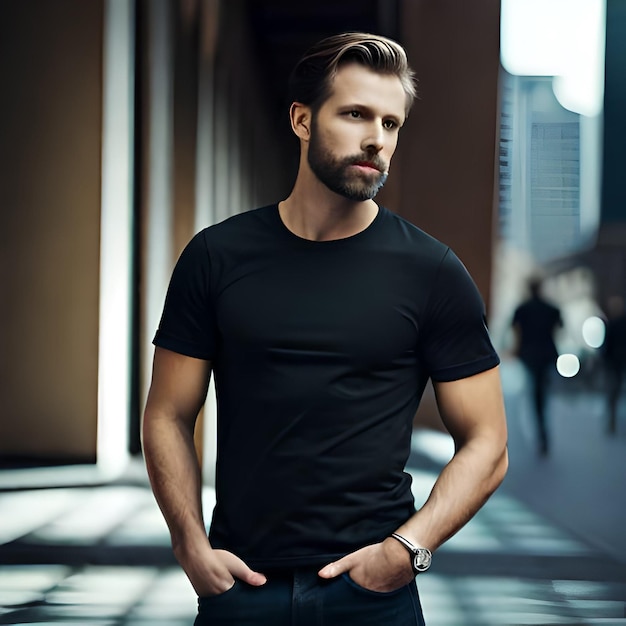 A man stands in a dark room with a black shirt that says the word on it