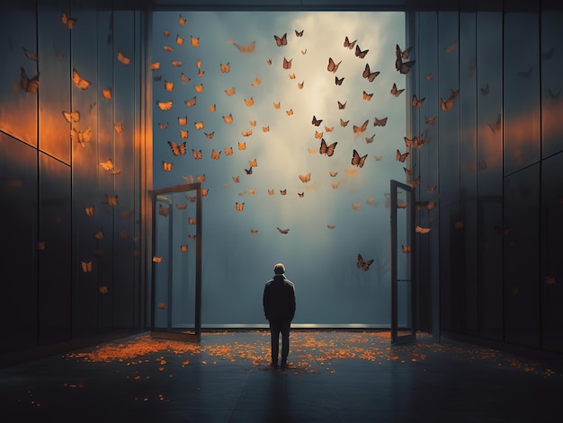 A man stands in a dark room with butterflies flying around him.