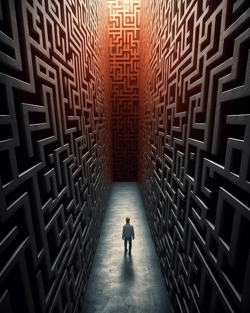 A man stands in a dark room with a large maze on the left