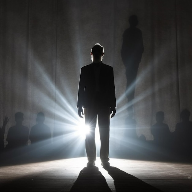 A man stands in a dark room with a light shining on him.