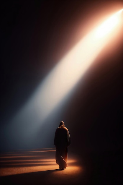 A man stands in a dark room with a light on the wall.