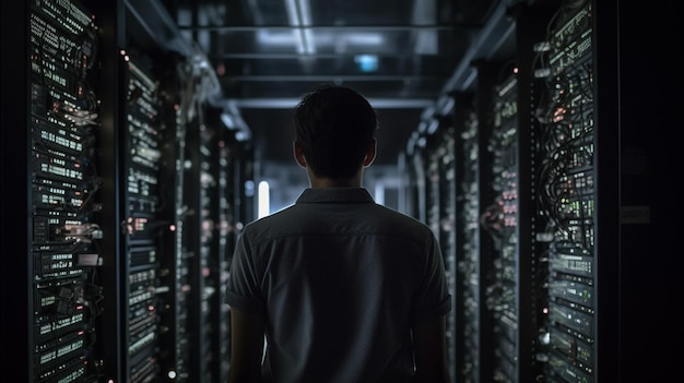 Мужчина стоит в темной комнате с множеством серверов на заднем плане.