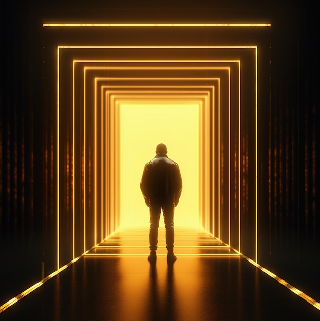 A man stands in a dark room with a neon light on the wall