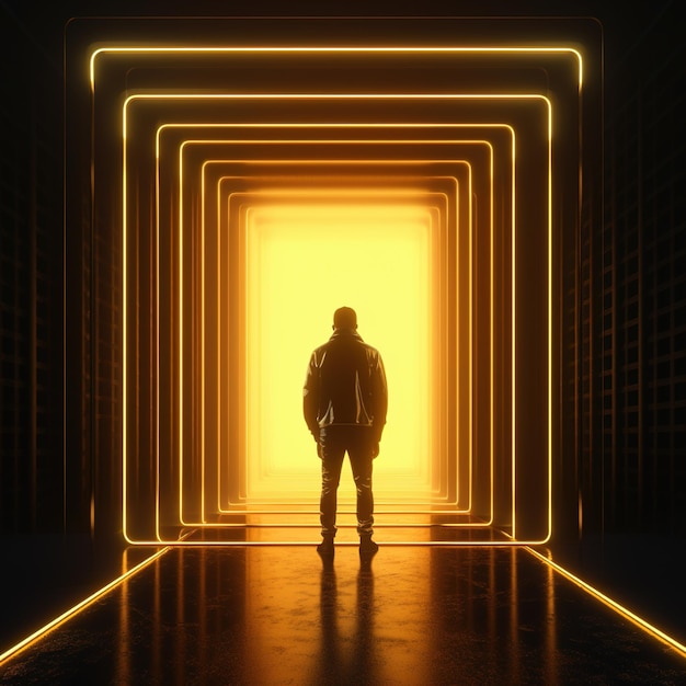 A man stands in a dark room with neon lights on the wall