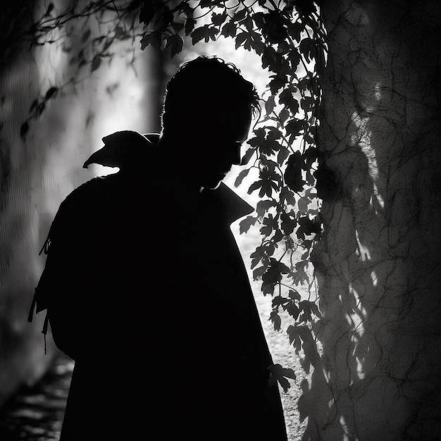 A man stands in a dark room with a vine on the wall.