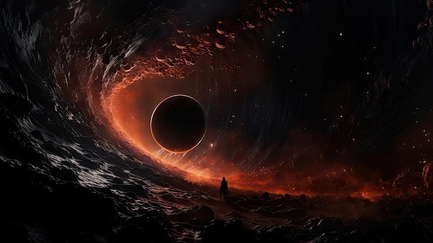 a man stands in a dark space with a man standing in front of a black hole in the center.