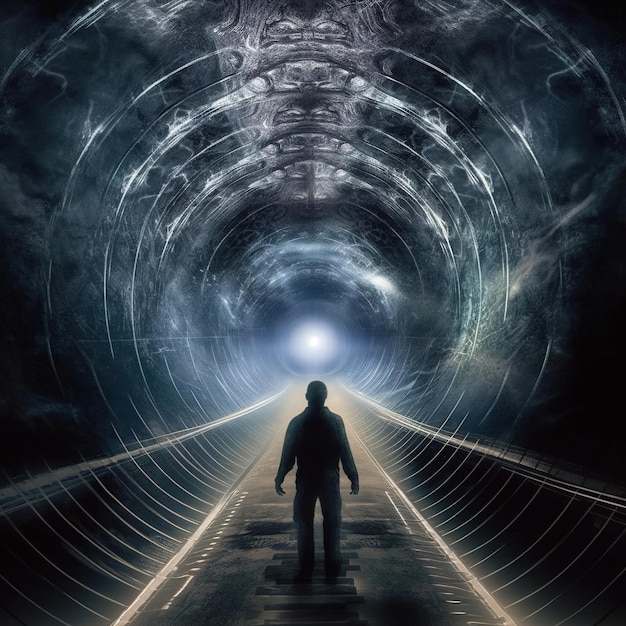 A man stands in a dark tunnel leading to another dimension