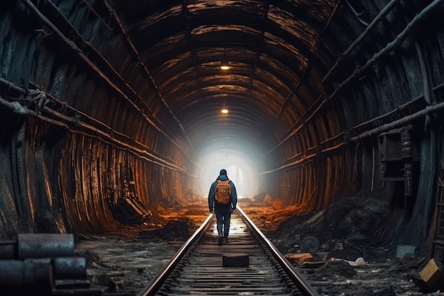 A man stands in a dark tunnel with a light at the end of it