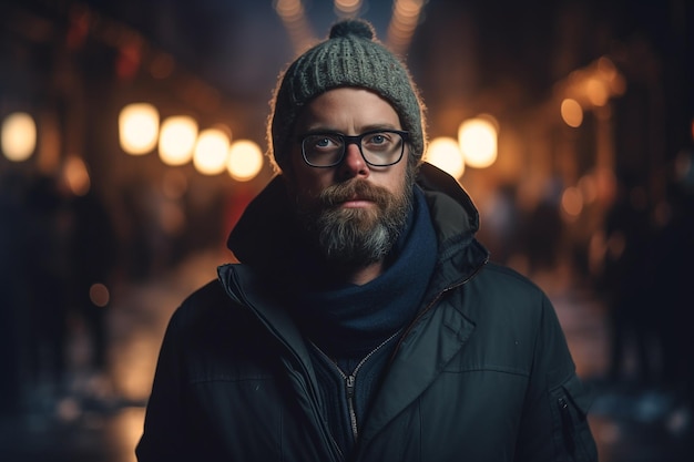 A man stands in the dark with a hat on and glasses on.