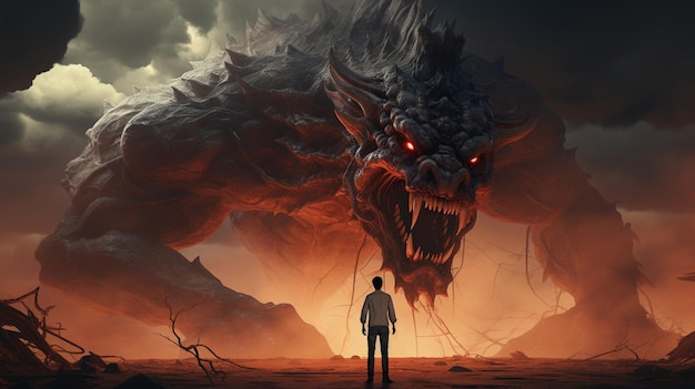 A man stands in the desert looking at a giant monster on the horizon