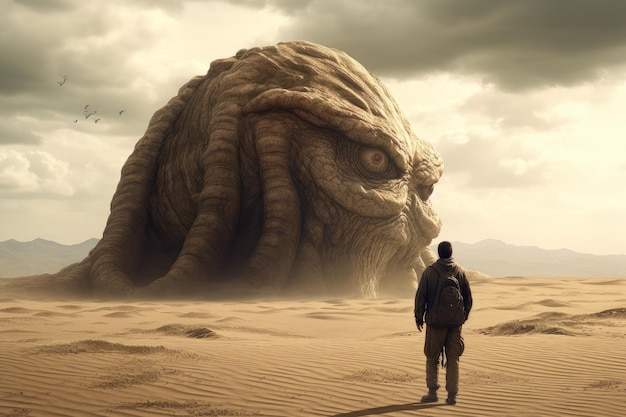 A man stands in the desert looking at a monster with eyes like a monster