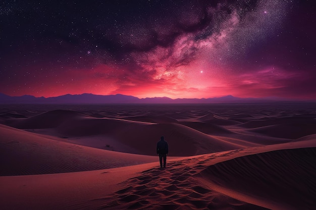 A man stands in the desert under a purple sky.