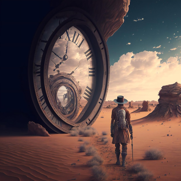 A man stands in the desert with a large clock on the wall that says " time ".