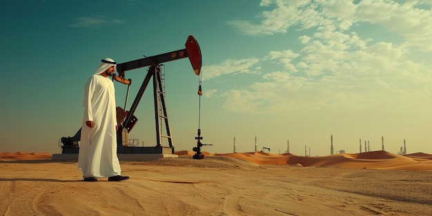 a man stands in the desert with a large oil rig in the background