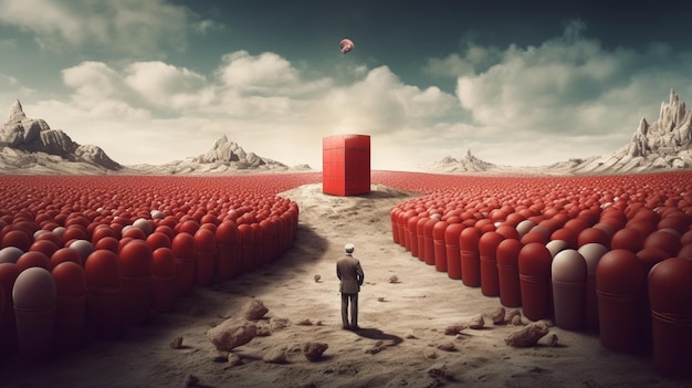 A man stands in a desert with a red box in the middle of it.