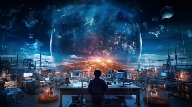 A man stands at a desk in front of a planet with a planet in the background.