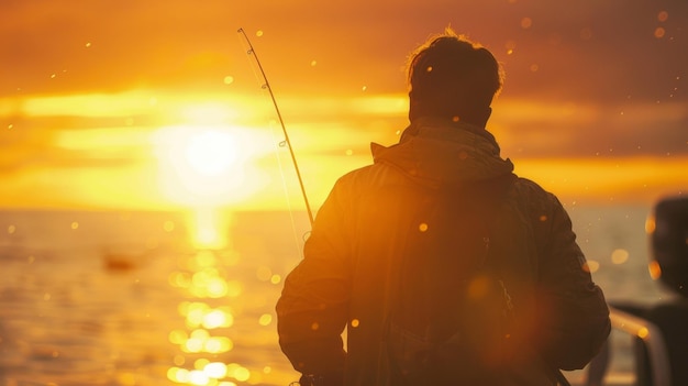 A man stands on the dock fishing rod in hand and back turned to the camera the sun is setting in the