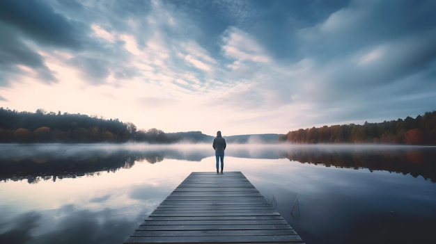 A man stands on a dock in front of a cloudy sky.