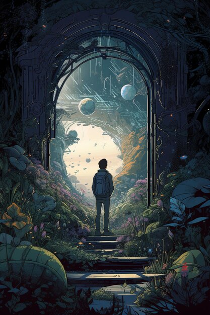 Premium AI Image | A man stands in a doorway with a planet in the ...