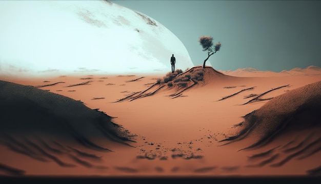 満月の前の砂丘に立つ男。