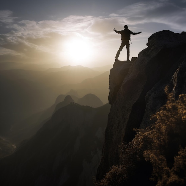 Man stands on edge of high cliff against backdrop of sunset and rejoices raising his hands up