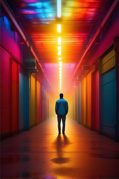 Photo a man stands in an empty corridor with a colourfull background