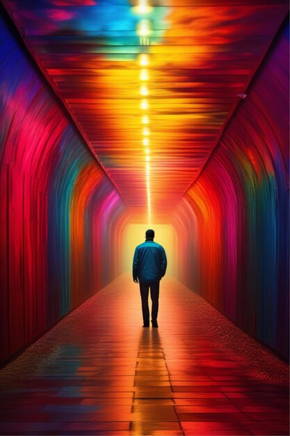 Photo a man stands in an empty corridor with a colourfull background