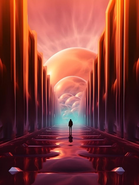 A man stands in an empty corridor with a pink and orange background.