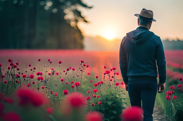 太陽が彼の後ろにある花の畑に立っている男