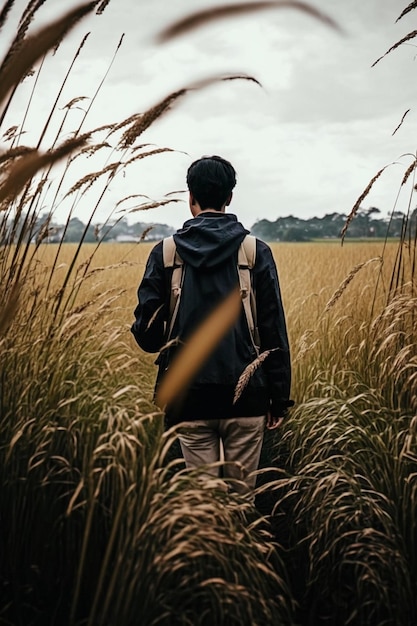 A man stands in a field of tall grass, looking at the camera.