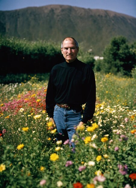 Photo a man stands in a field of wildflowers