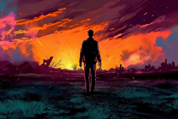A man stands in a field with a burning fire in the background.