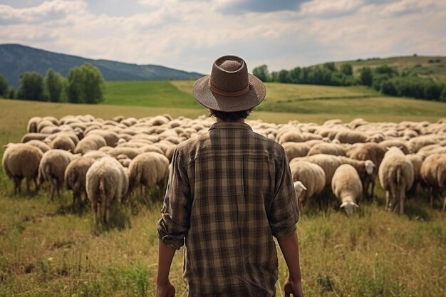 Photo a man stands in a field with a herd of sheep