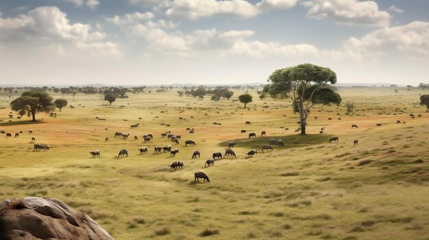 A man stands in a field with a herd of wildebeest in the background.