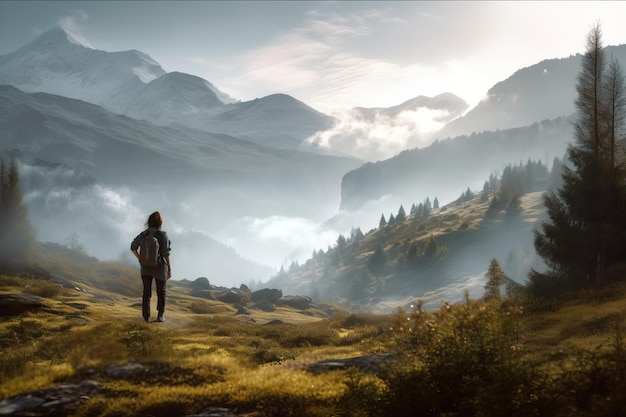 A man stands in a field with mountains in the background.