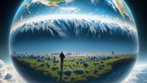 A man stands on a field with a planet in the background.