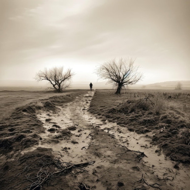 Foto un uomo si trova in un campo con alberi e il cielo è nuvoloso.