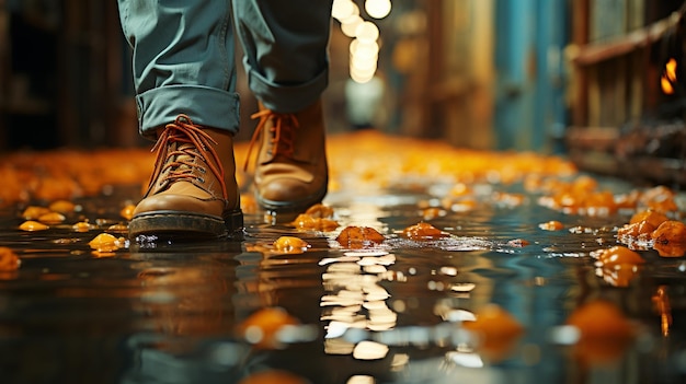 Foto un uomo in piedi in un'acqua allagata