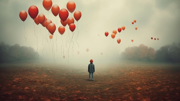 A man stands in a foggy landscape with balloons floating above him.